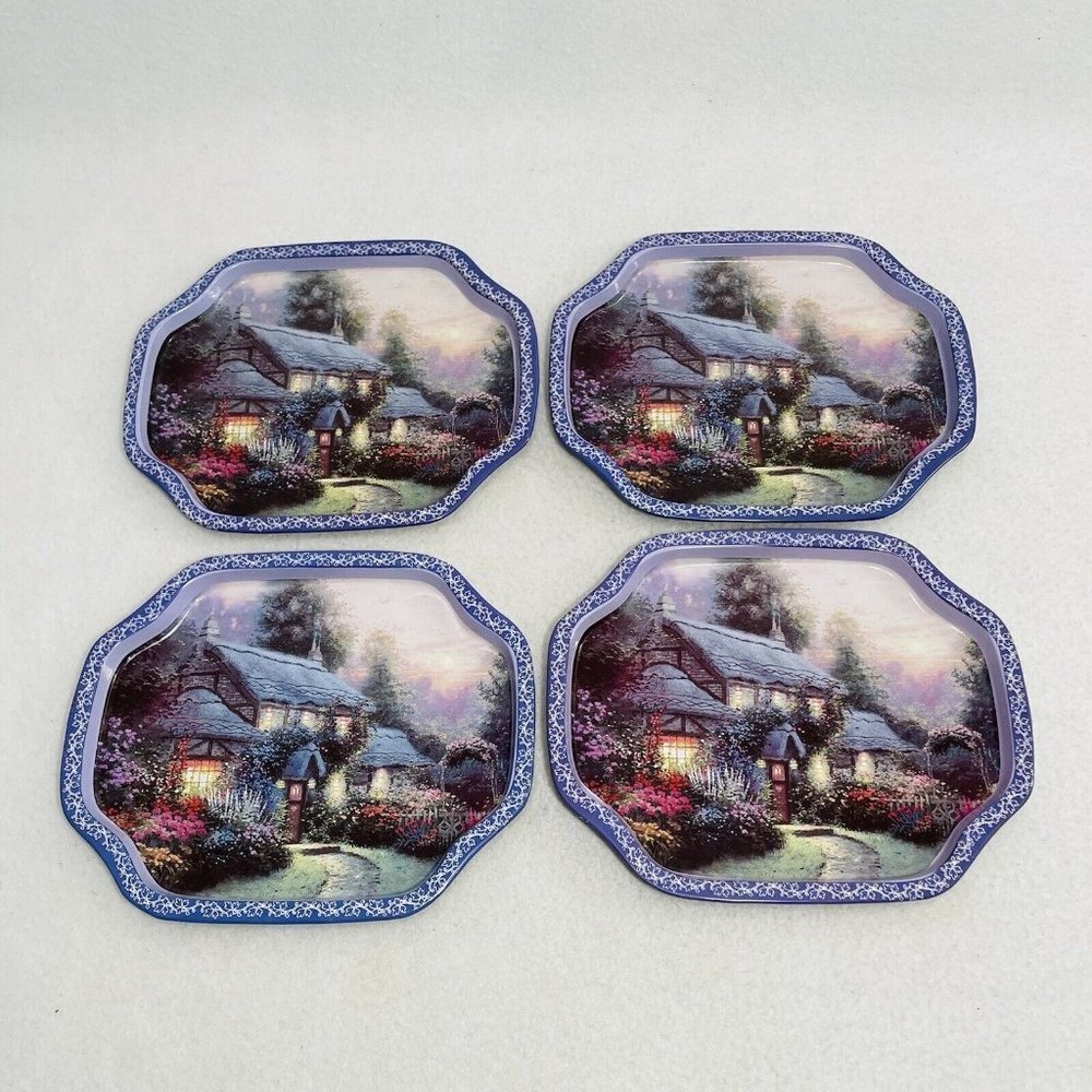 Vintage Giftco Metal Snack Tray Thomas Kinkade Enchanted Cottage Set 4 Serving